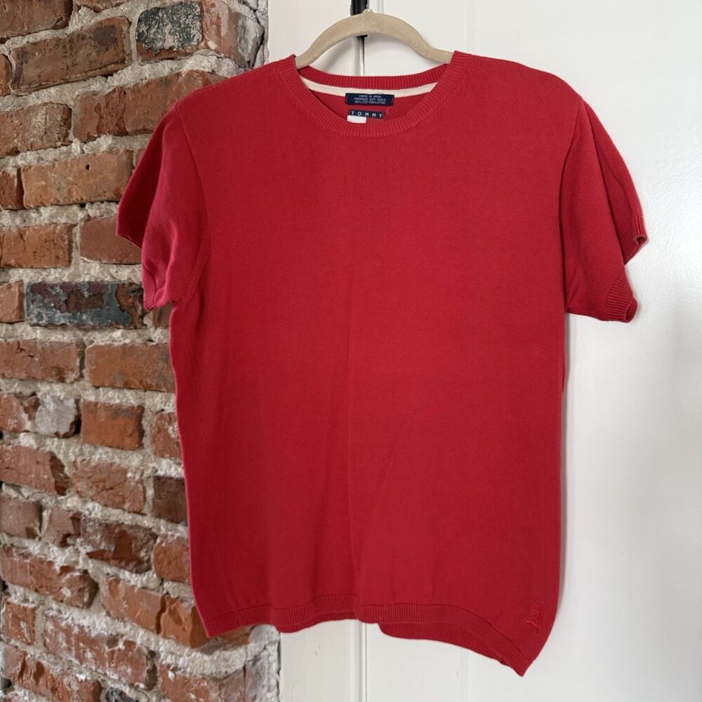 VTG Tommy Hilfiger Women’s L Red Cotton Crew Neck Short Sleeve Knit Sweater Top